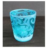 Signed Michael Weems blue etched glass