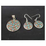 Sterling silver , turquoise and coral pendant and