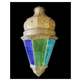 Vintage stained glass & metal hanging lamp