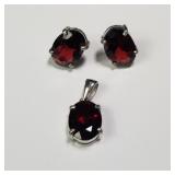 Sterling silver and garnet pendant and earrings