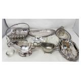 Group of silver plate gravy boat, tray, basket,