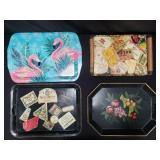Collection of tin, plastic and wood serving trays