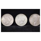 3 1922 Peace Silver Dollar Coins.