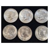 6 1964 Kennedy Silver Half Dollar Coins.