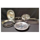 Group of silver plate dish holder, center bowl