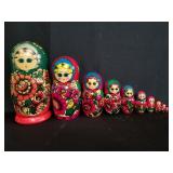 10 Large vintage Russian hand painted nesting
