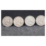 4 Franklin Silver Half Dollars; 1952-D 1957-D