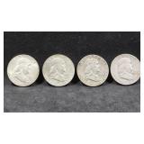 4 Franklin Silver Half Dollars ; 1960, 1962-D,