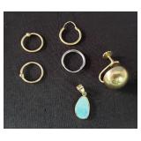 Group of 14k gold earrings and opal pendant