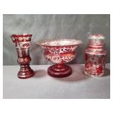 Lot of 3 bohemian red cut to clear glass vase,