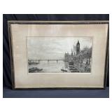Framed pencil signed etching of Westminster by