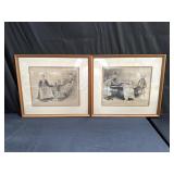 Pair of framed antique etchings on paper of