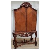 Vintage carved mahogany inlaid cabinet, as is