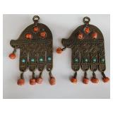 Pair of brass Hamsa with coral and turquoise beads