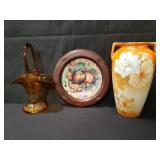 Porcelain Limoges fruit plate with mahogany wood