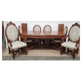 Vintage carved mahogany inlaid dining table with