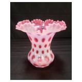 Vintage Fenton vase cranberry glass /w White