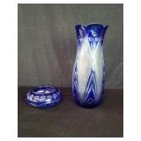 Bohemian Cobalt blue cut to clear glass vase and