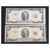 Pair of 1953 red seal Two-dollar bills