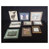 Group of framed Asian embroidery,  brush