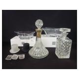 Box of miscellaneous Mikasa bowls, glass decanters