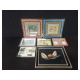 Box of framed Asian embroideries