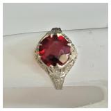10 k white gold ring with red glass bead