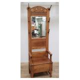 Antique oak hall tree with storage bench &