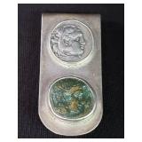 Sterling silver money clip with Roman style coins