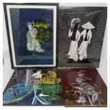 Four mixed media lacquered plaques