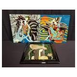 3 mixed media lacquered plaques