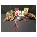 Box of miscellaneous items: belts, bookends,