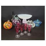 Pair of art glass spheres. Pedestal center bowl.