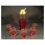 Vintage cranberry glass cocktail shaker & glasses