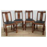 4 vintage carved oak & faux leather dining chair