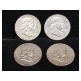 4 Franklin Silver Half Dollar Coins; 1953-D