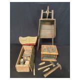 Group of antiques tools, toy wood wagon, etc