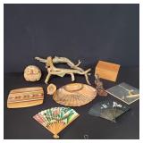 Group of wood items and Asian fans