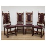 4 antique French carved oak and leather dining