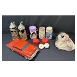 Box of misc video cassette rewinder, beer s