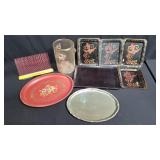 Group of vintage trays, waste basket, stand