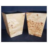 Pair of burl wood veneer lacquered waste baskets