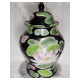 Vintage porcelain black & pink lotus ginger jar