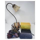 Box of miscellaneous items, table lamp,