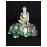 Vintage Kutani porcelain Kannon on Shishi figure