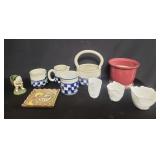 Grpup of pottery planter, basket, cups