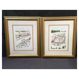 Pair of framed naï¿½ve art prints signed in the