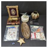 Box of misc brass, copper, enamel, wood etc.