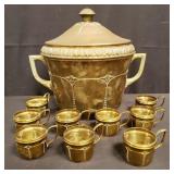 Antique brass punch pot and cups