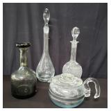 Group of glass decanters, Pyrex teapot